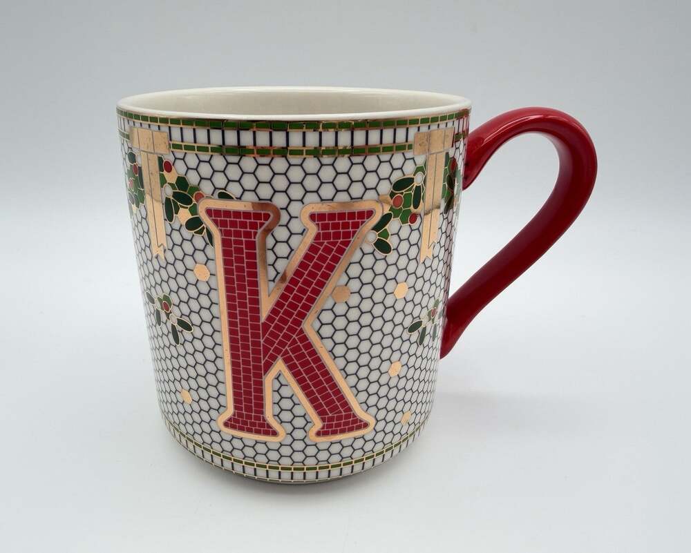 Anthropologie Festive Bistro Tile Monogram 13oz Coffee Mug 4” Letter K Christmas